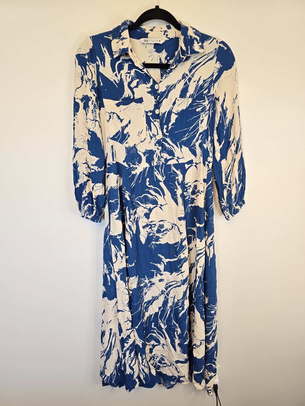 Zara Blue & White Printed Button-Front Midi Dress